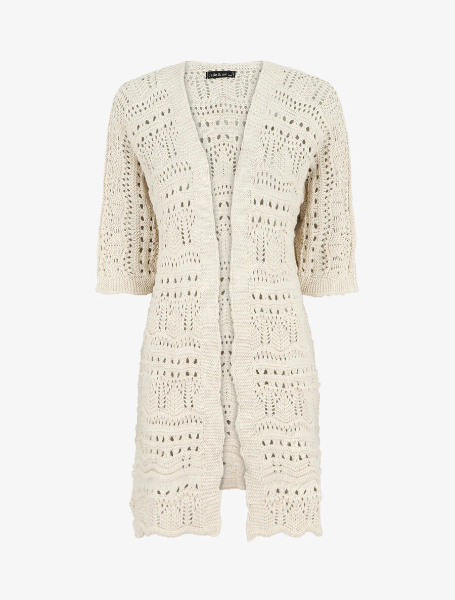 Lang opengewerkt gebreid vest met 3/4-mouwen - beige
