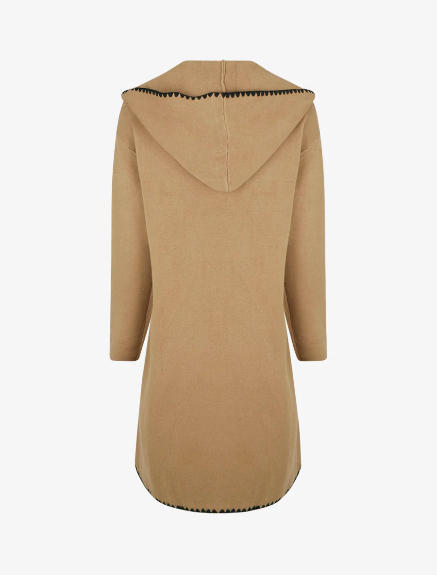 Lang vest met capuchon en geborduurde bies. - Kameel - Image 2