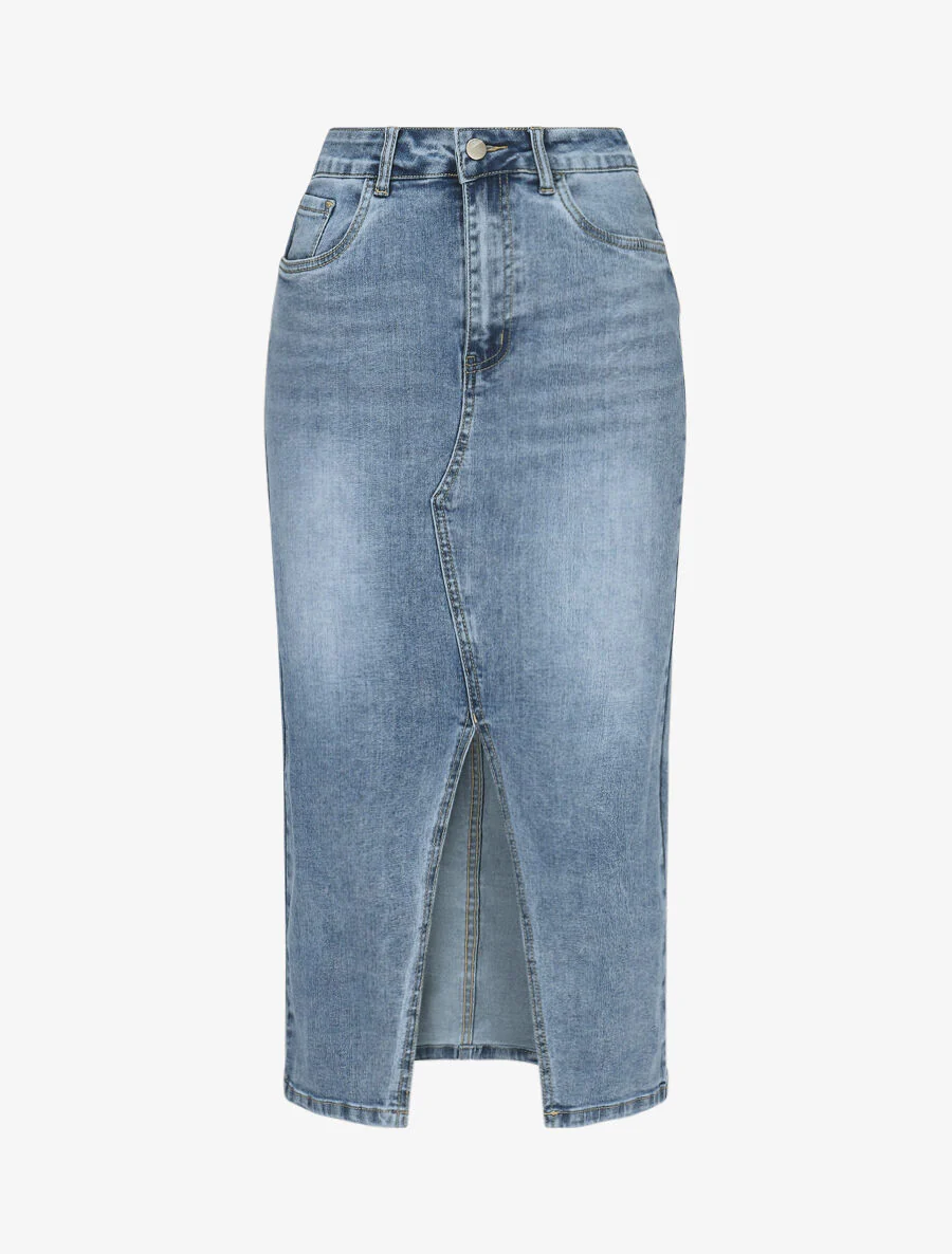 Lange denim rok met split - blauw