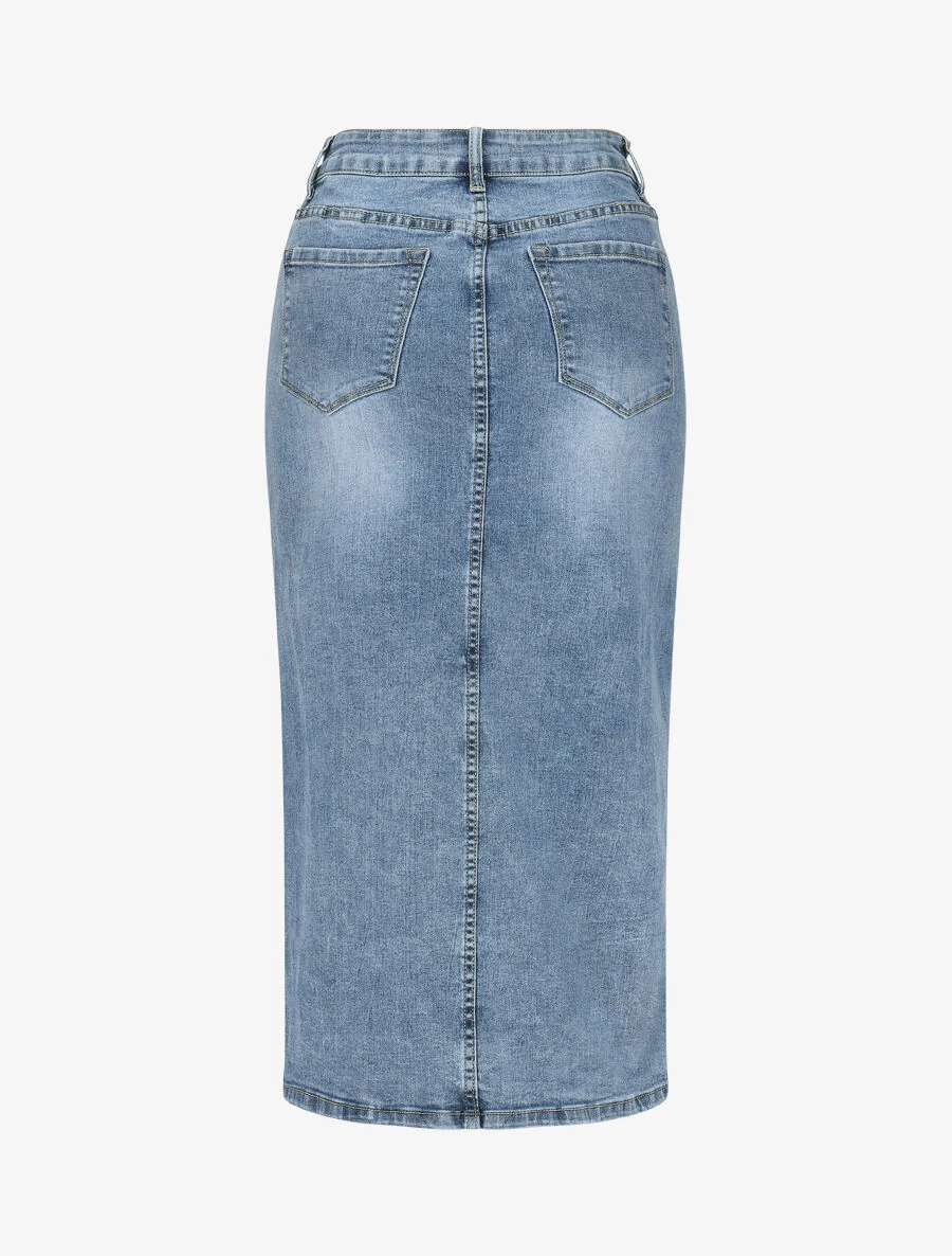 Lange denim rok met split - blauw - Image 2
