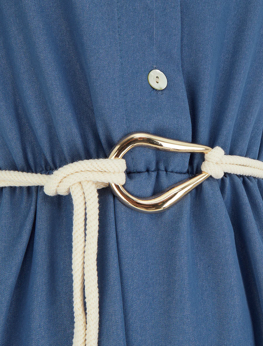 Lange effen jurk met elastische taille - Blauw - Image 3