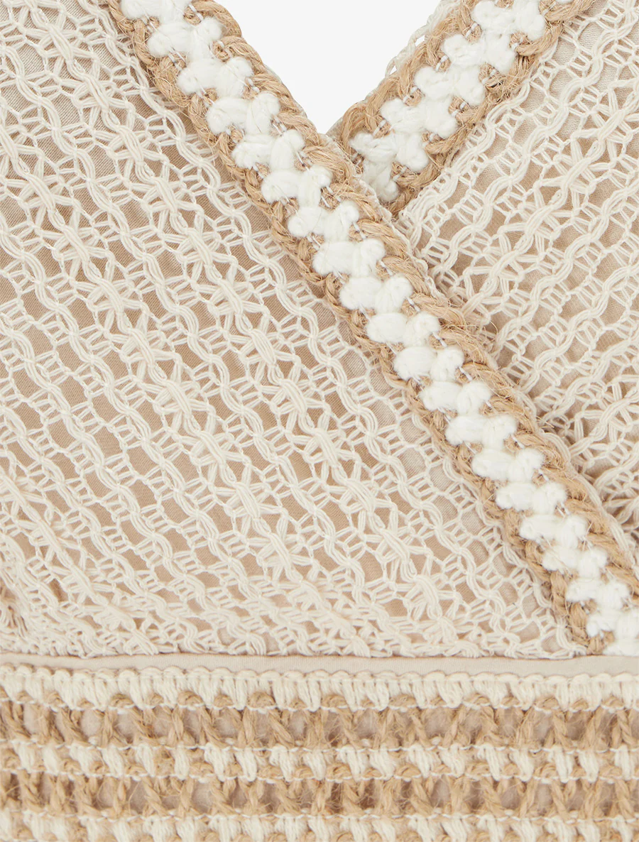 Lange effen jurk met geborduurd borststuk - Beige - Image 3