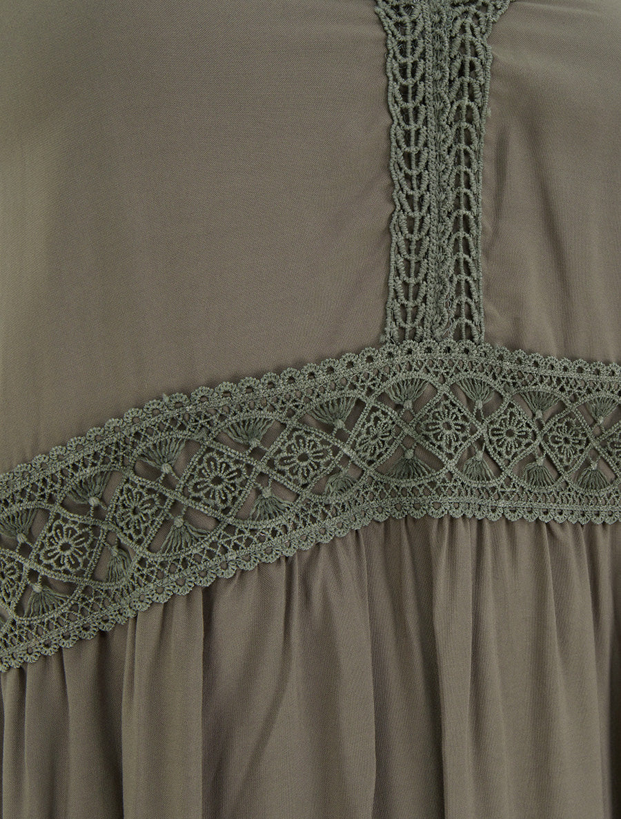 Lange effen jurk met kanten taille - Kaki - Image 3