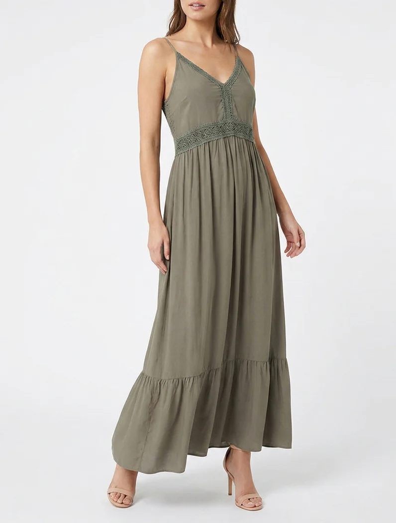 Lange effen jurk met kanten taille - Kaki - Image 4