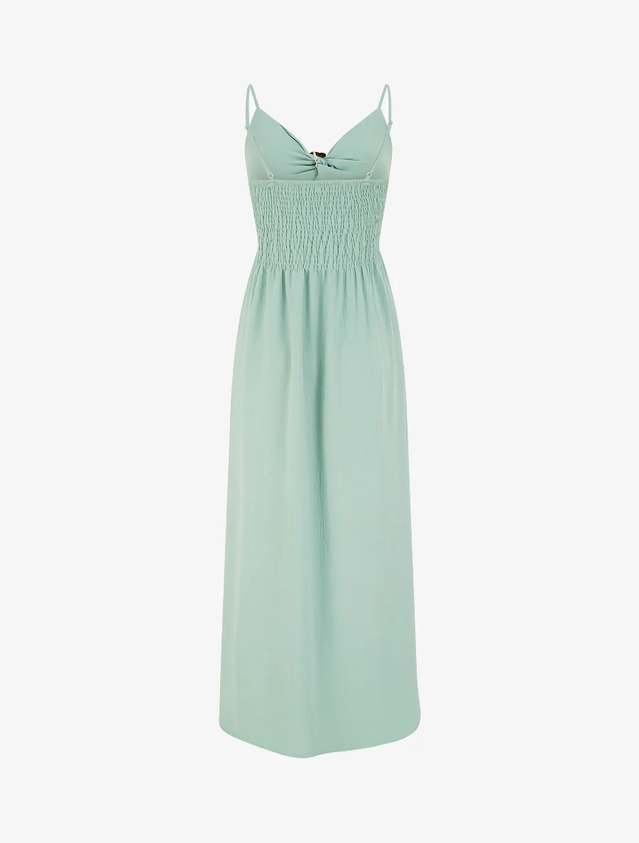 Lange effen jurk met V-hals en sieraden. - Watergroen - Image 2