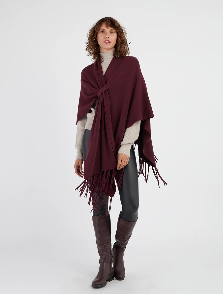Lange effen poncho met franjes - Pruim - Image 4