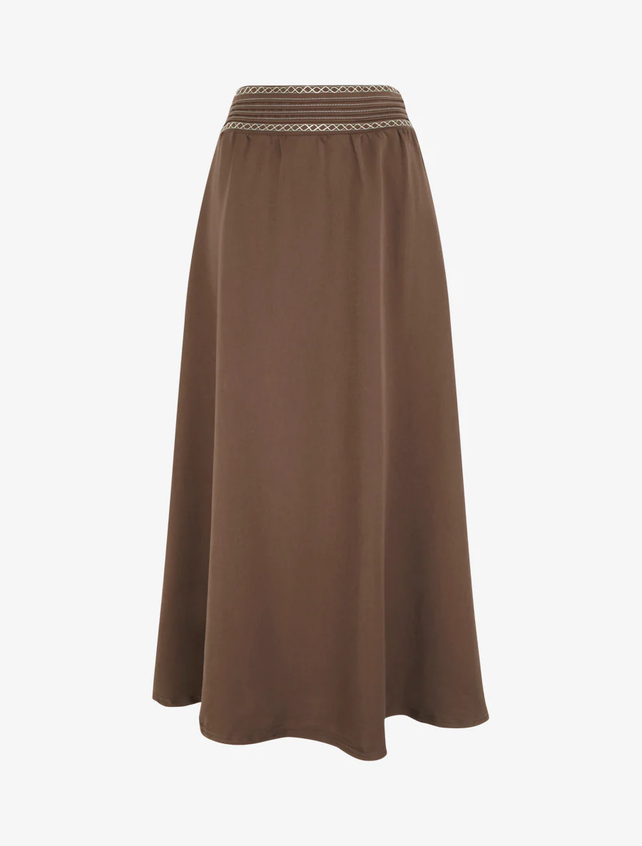 Lange effen rok met geborduurd detail - Bruin