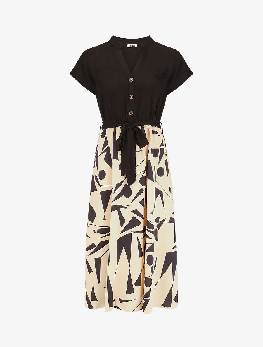 Lange elastische jurk met geometrische print - Beige