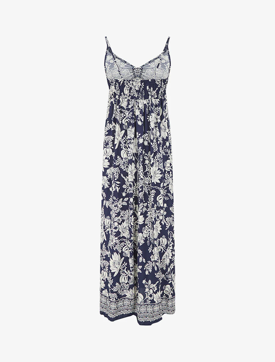 Lange empire jurk met bandjes met bloemenprint - Donkerblauw - Image 2