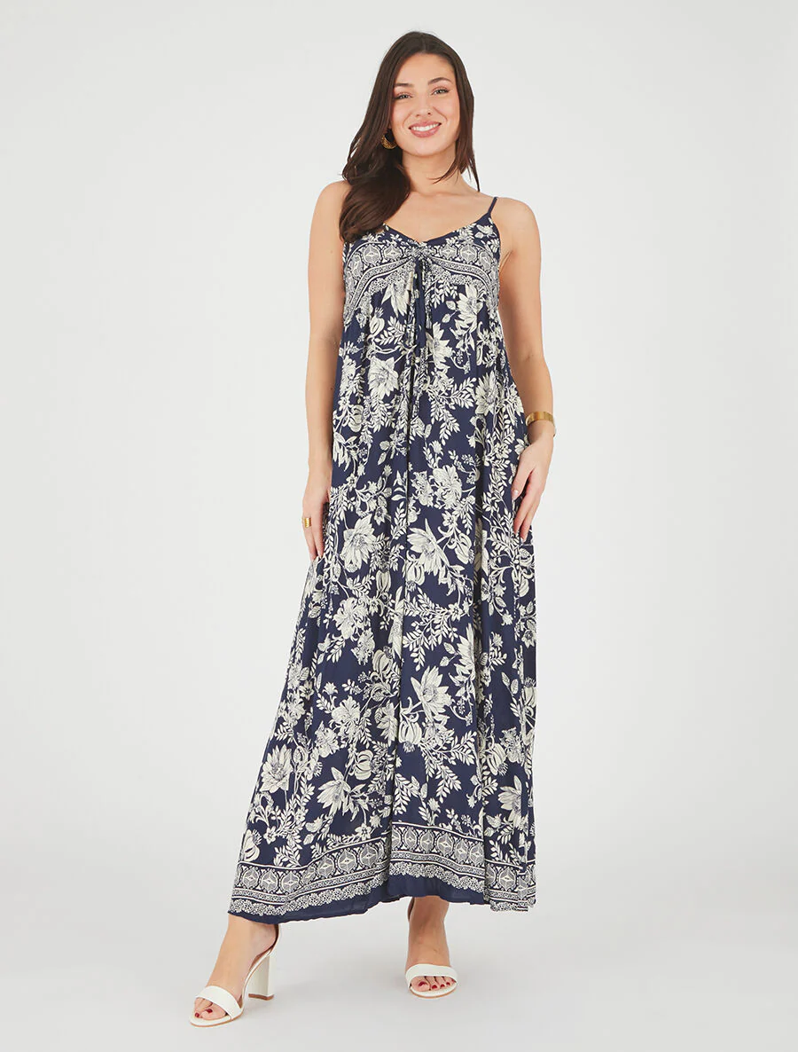 Lange empire jurk met bandjes met bloemenprint - Donkerblauw - Image 4