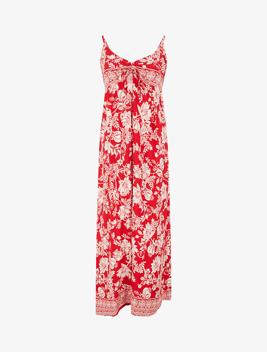 Lange empire jurk met bandjes met bloemenprint - Rood