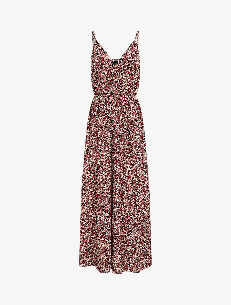 Lange Empire-jurk met bloemenprint en dunne bandjes - Zwart