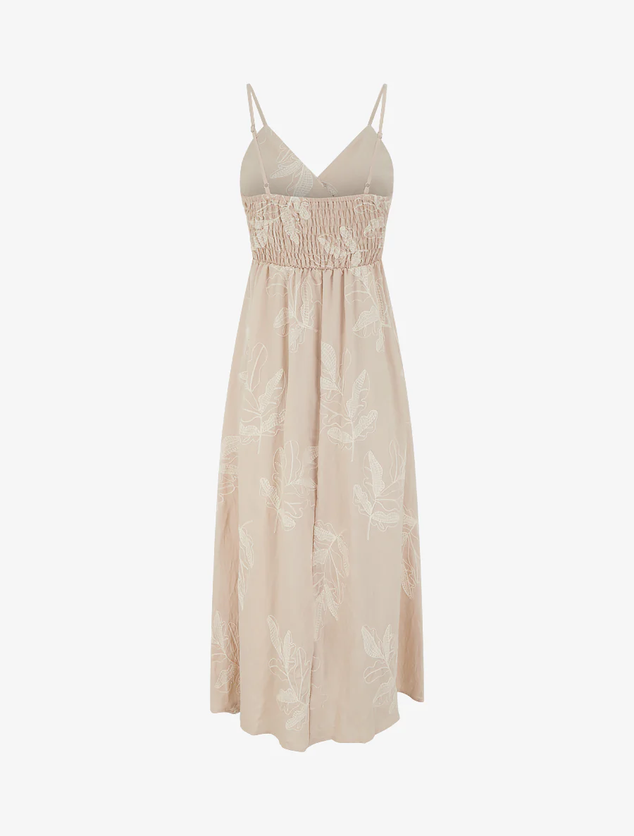 Lange empirejurk met gestileerde bladborduursels - Beige - Image 2