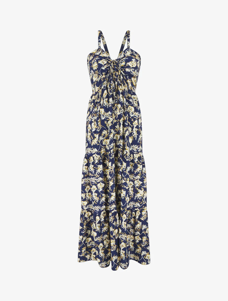 Lange uitlopende jurk met iriserende bloemenprint en bandjes - Marineblauw