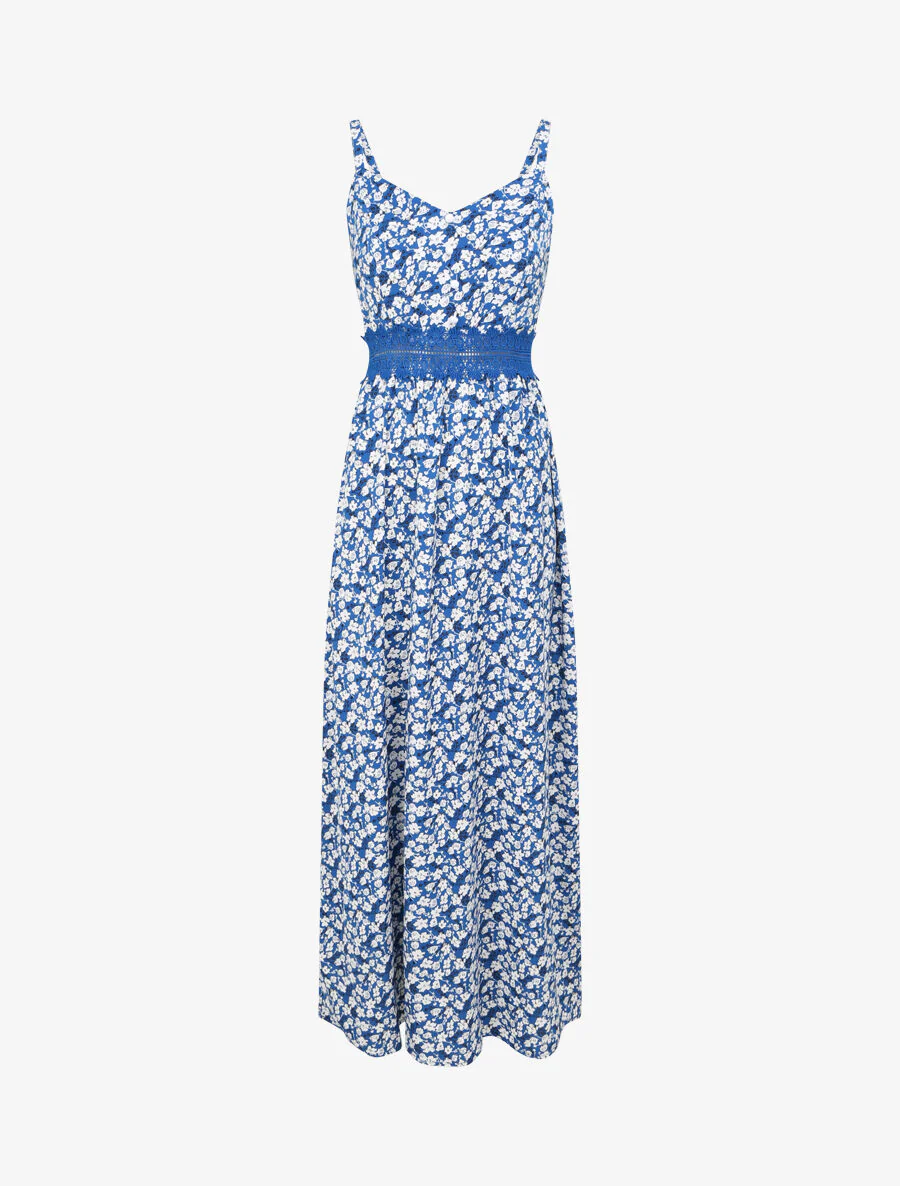 Lange geprinte jurk met kleine bloemen en decoratieve knoppen - Blauw