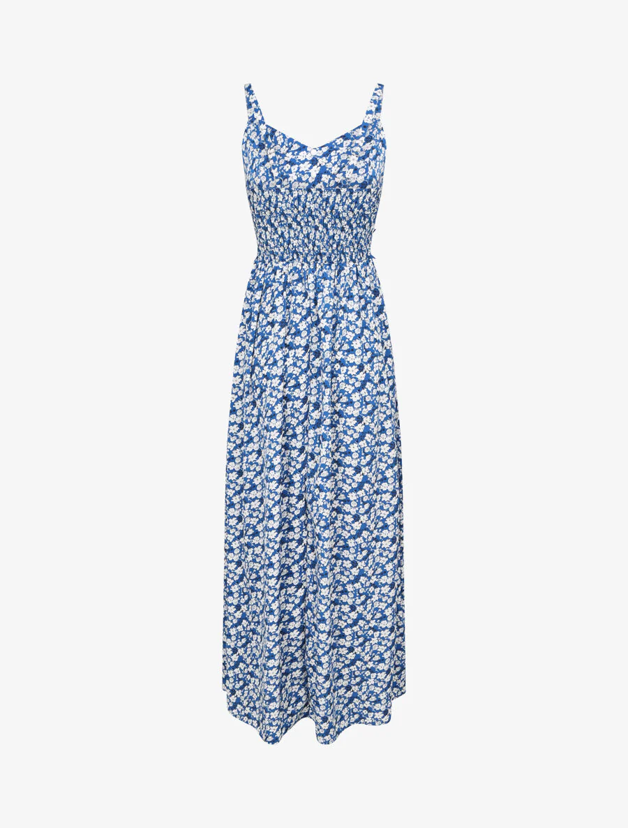 Lange geprinte jurk met kleine bloemen en decoratieve knoppen - Blauw - Image 2