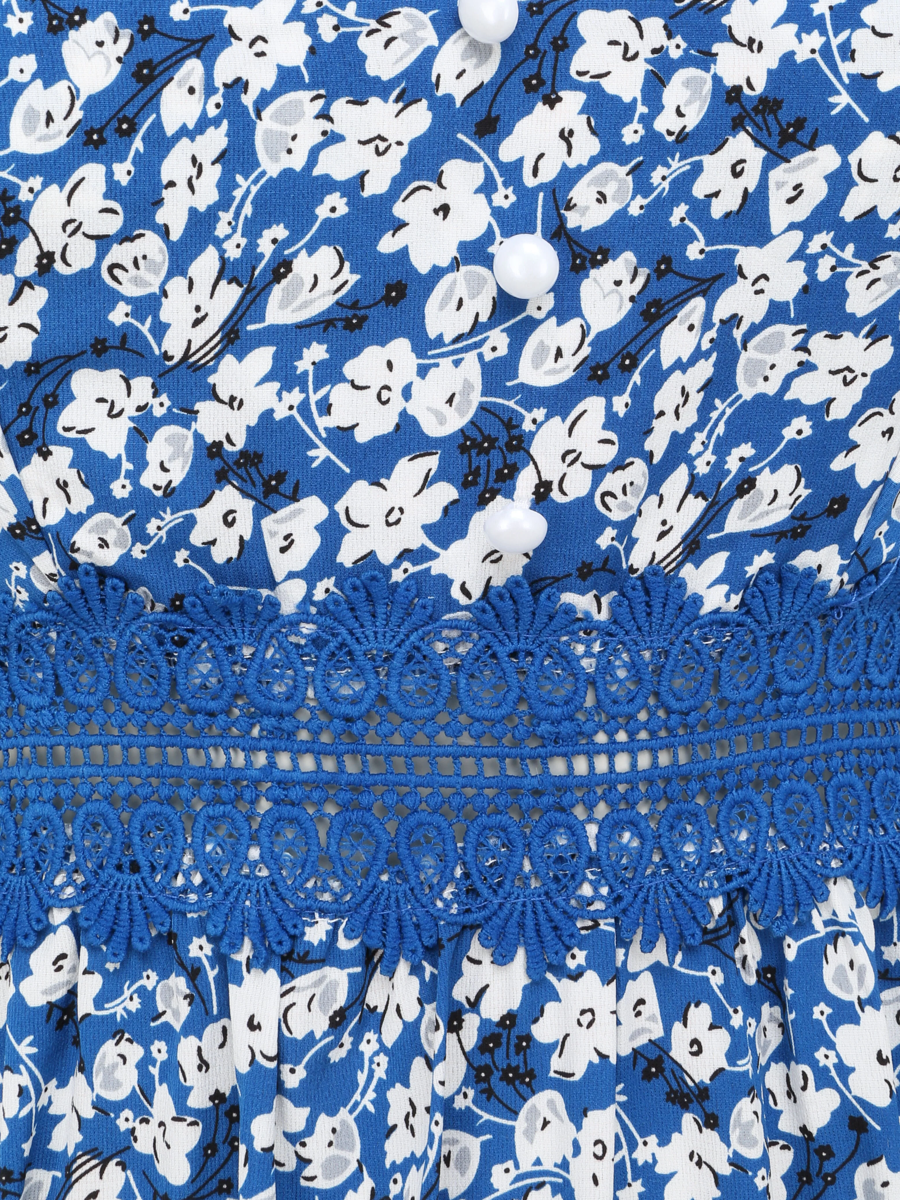 Lange geprinte jurk met kleine bloemen en decoratieve knoppen - Blauw - Image 3