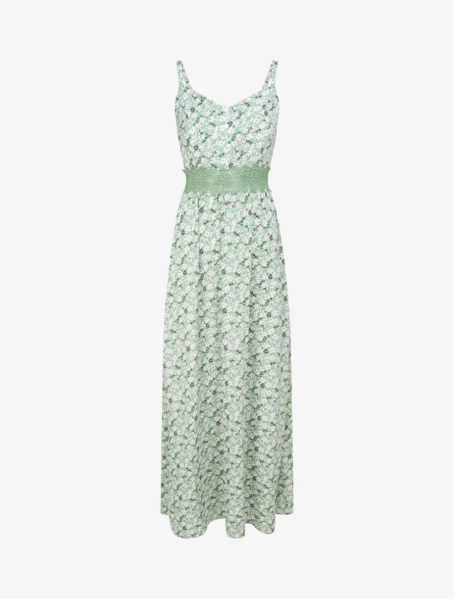 Lange geprinte jurk met kleine bloemen en decoratieve knoppen - Groen