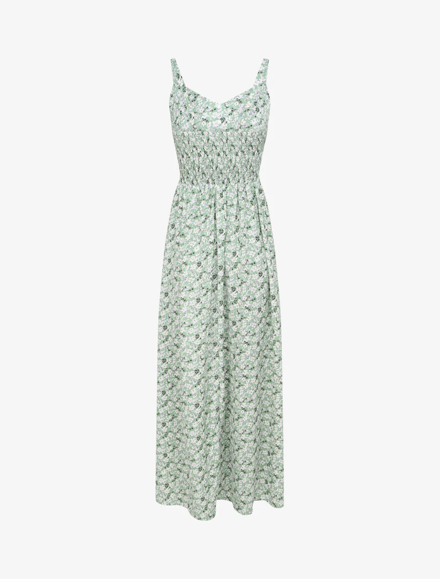 Lange geprinte jurk met kleine bloemen en decoratieve knoppen - Groen - Image 2