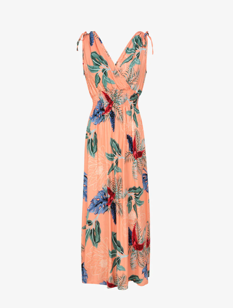 Lange getailleerde jurk met grote tropische bloemenprint - Zalmroze - Image 2