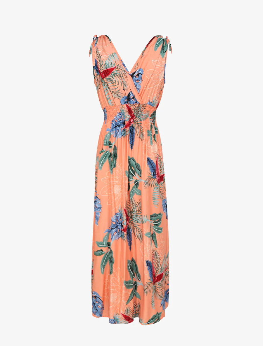 Lange getailleerde jurk met grote tropische bloemenprint - Zalmroze - Image 3