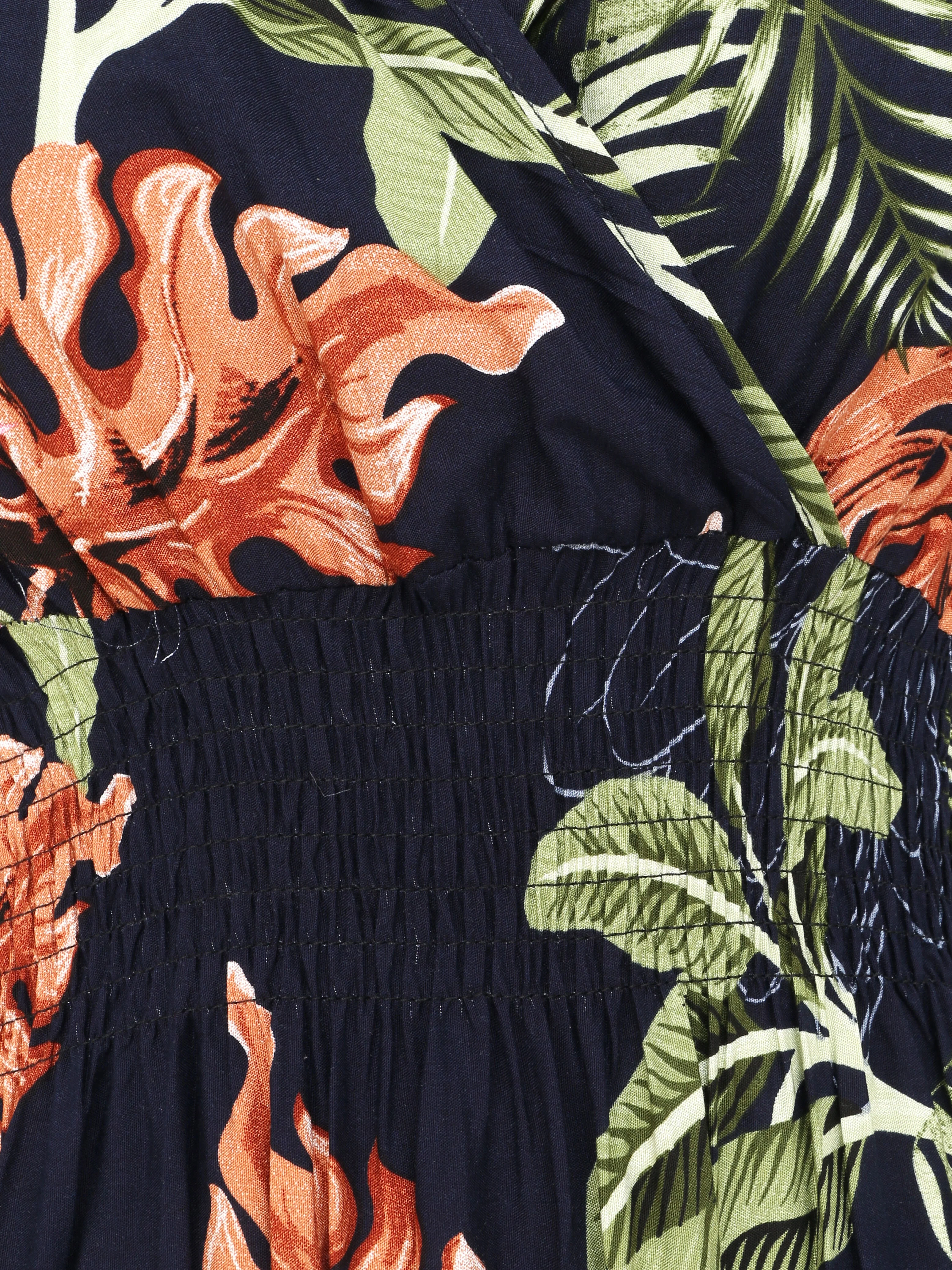 Lange getailleerde jurk met grote tropische bloemenprint - Marine - Image 3