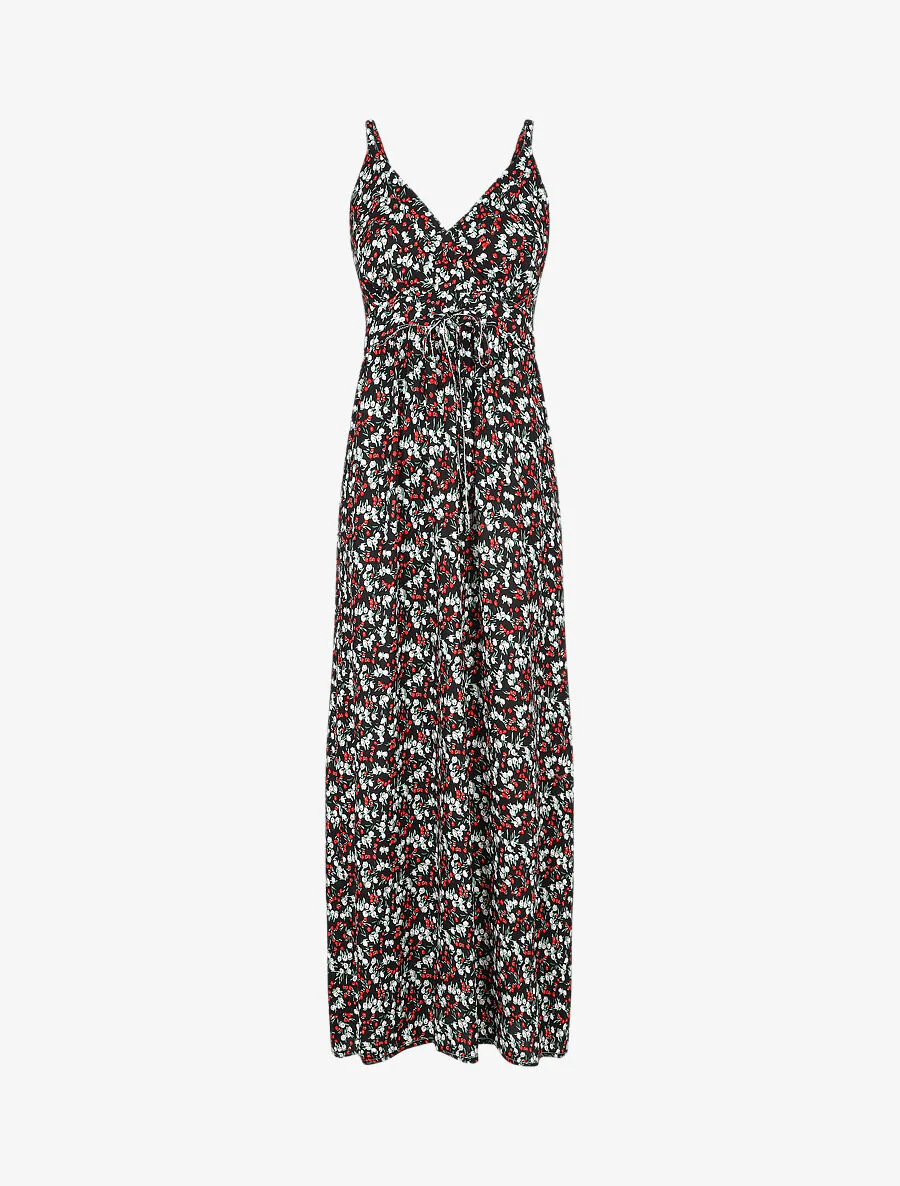Getailleerde lange jurk met kleine lentebloemenprint - Zwart