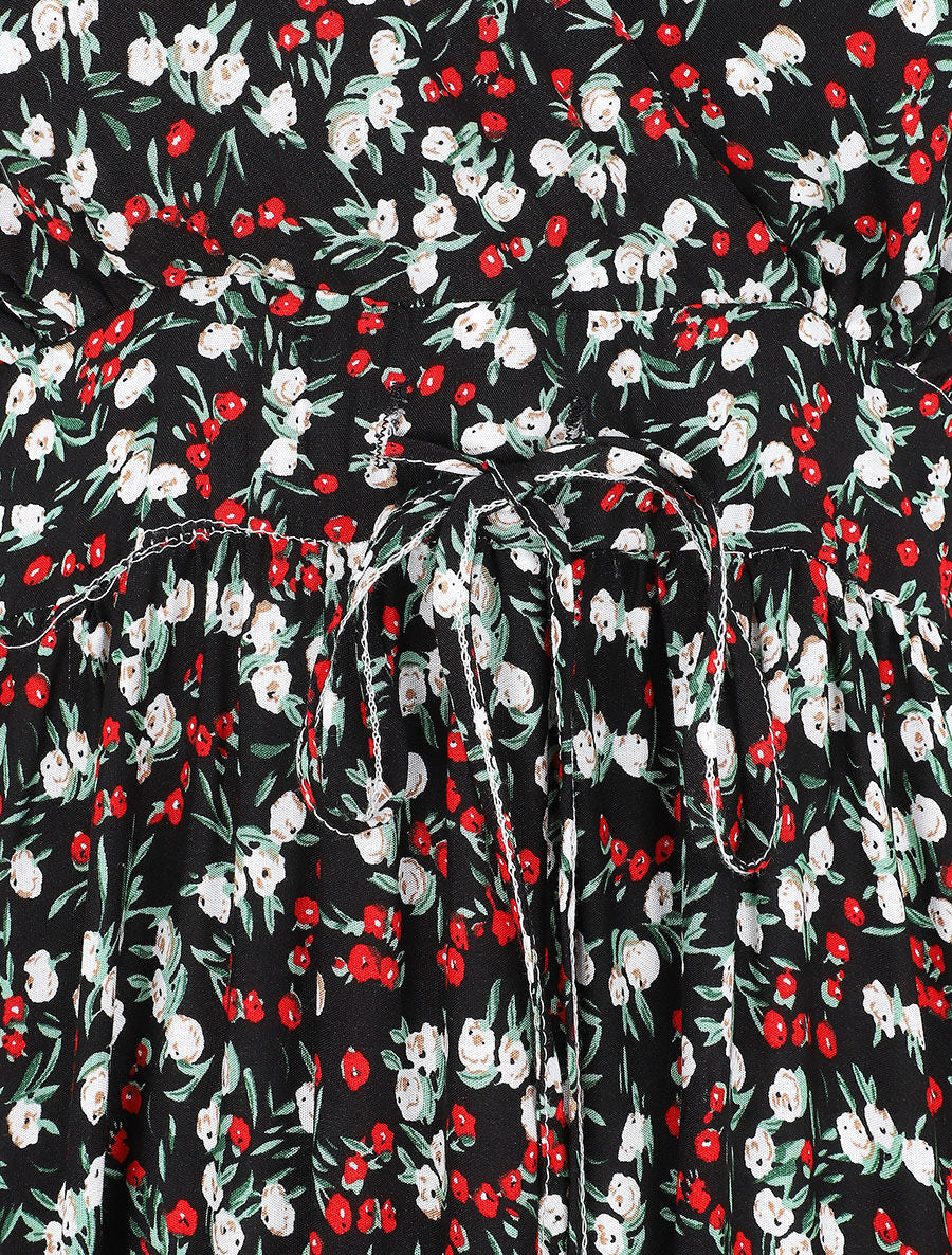 Getailleerde lange jurk met kleine lentebloemenprint - Zwart - Image 3