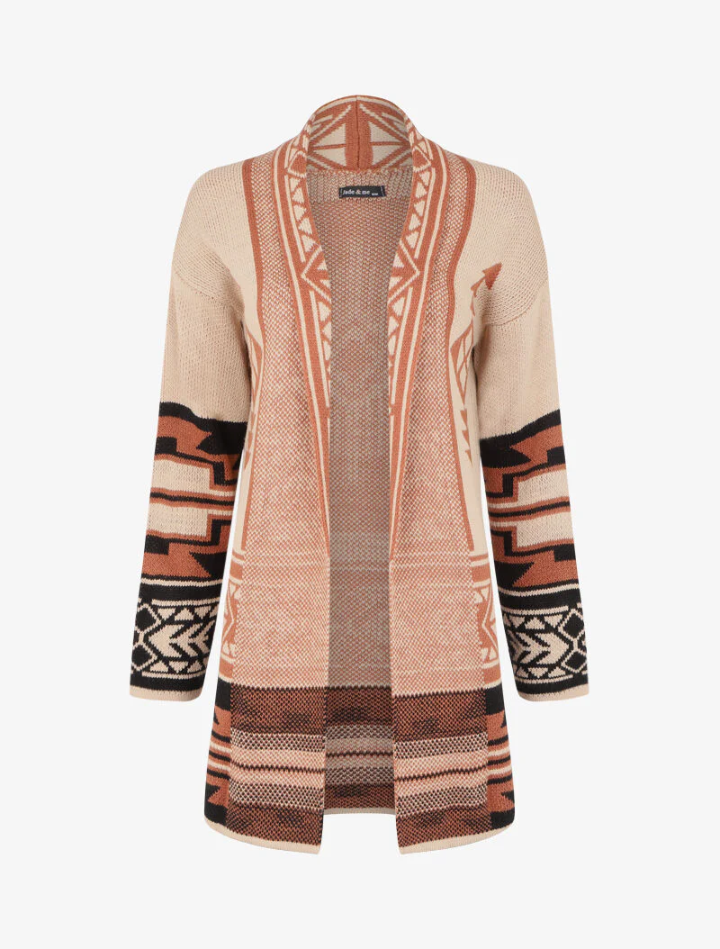 Lange gilet met Azteekse print - Camel