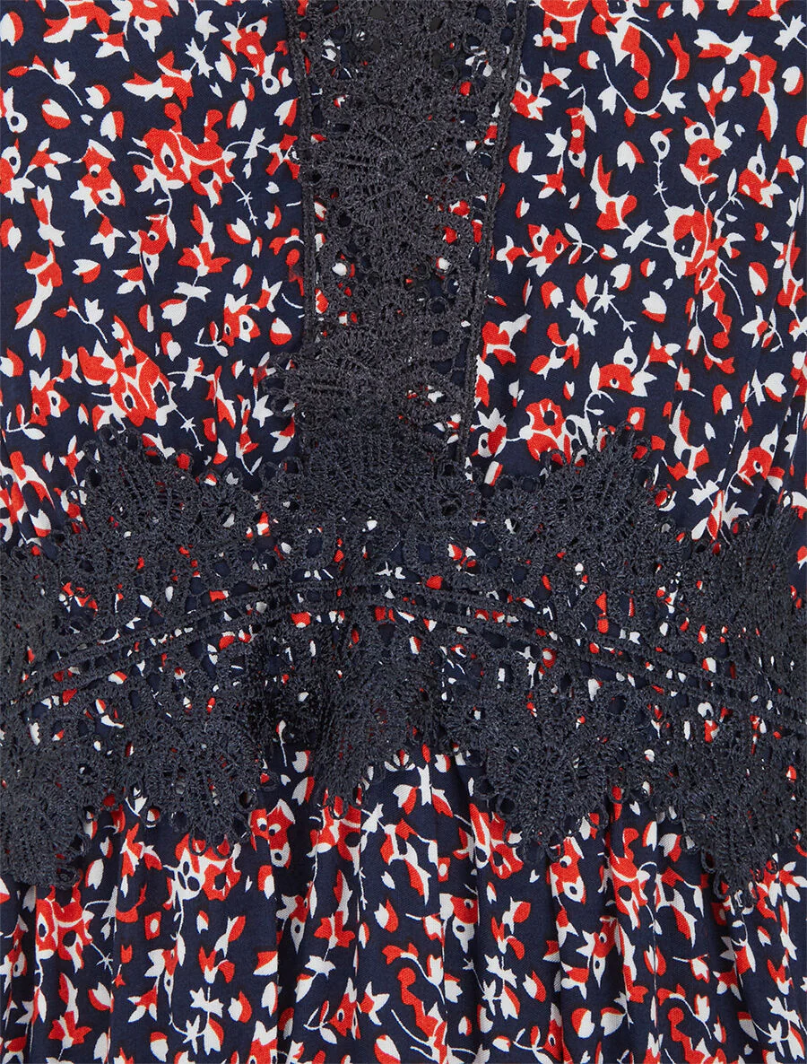 Lange bloemenjurk met borduurdetails - Marineblauw - Image 3