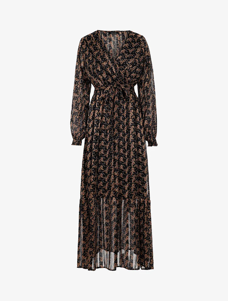 Lange overslagjurk met paisleyprint - zwart