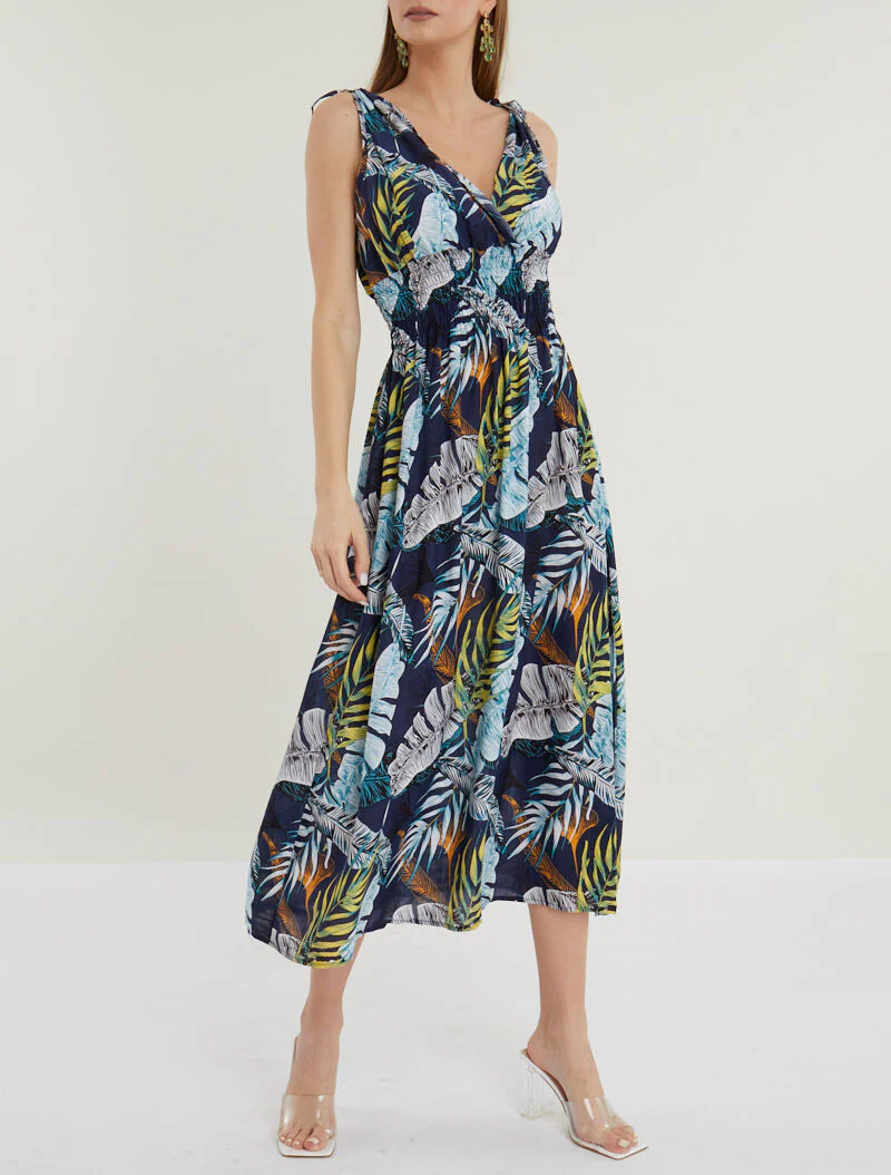 Lange overslagjurk met jungleprint - marineblauw