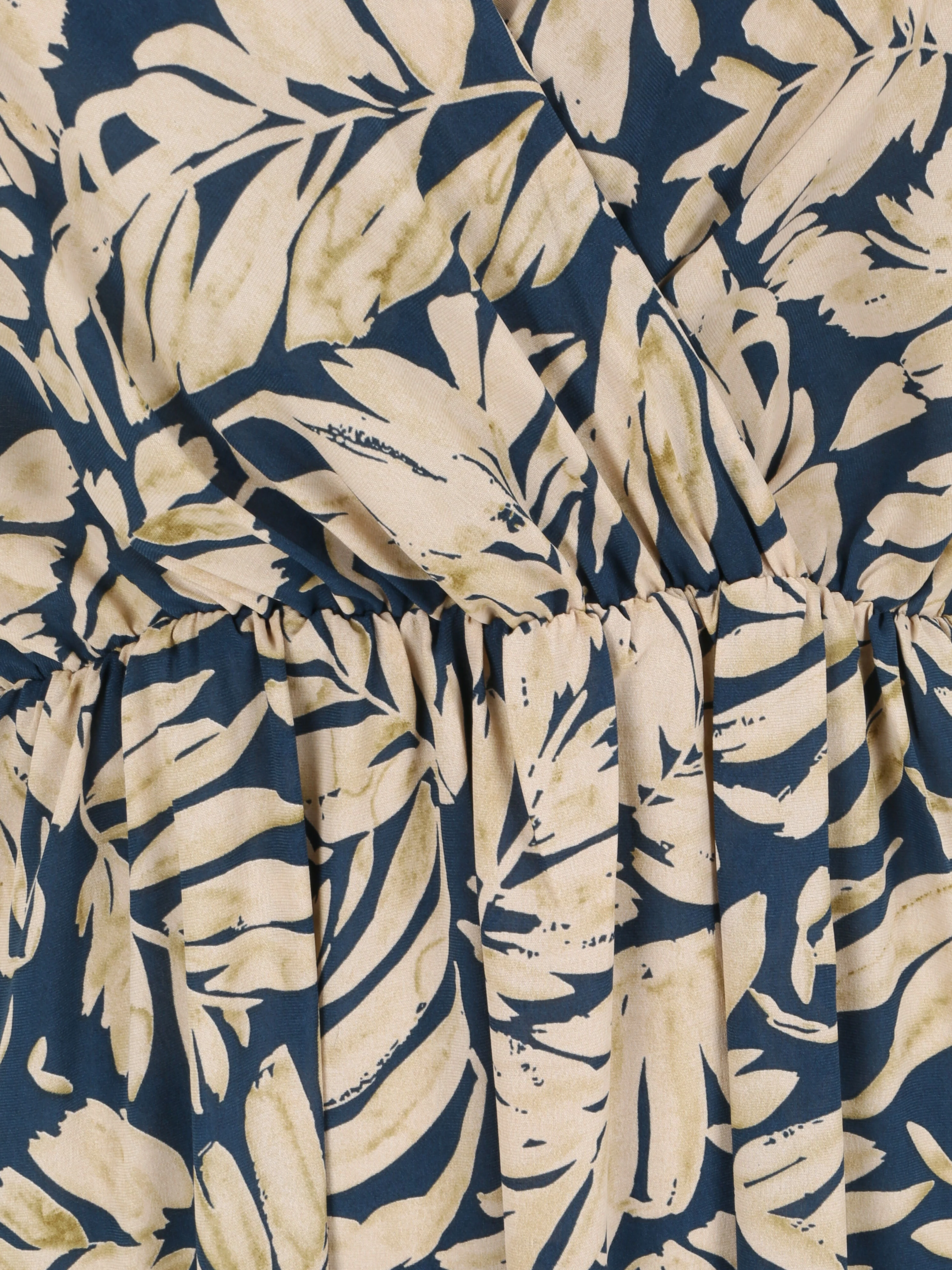 Lange empire jurk met bladerenprint en bandjes - Blauw - Image 3