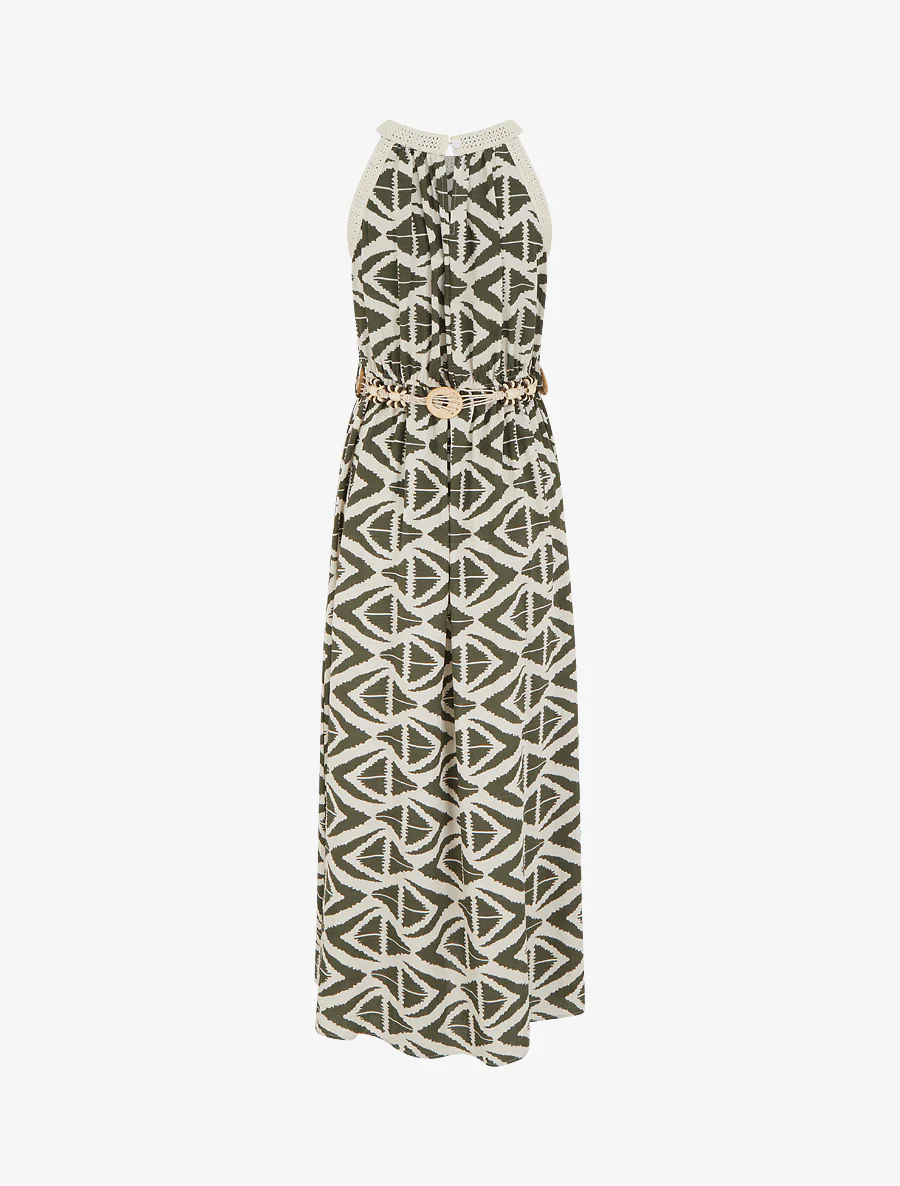 Lange jurk met Amerikaanse kraag en grafische print - Kaki - Image 2