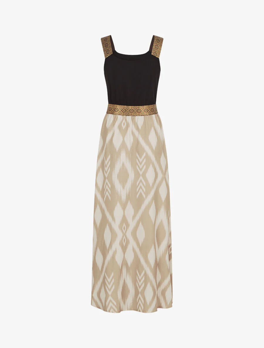 Lange jurk met bandjes en abstracte print - beige - Image 2