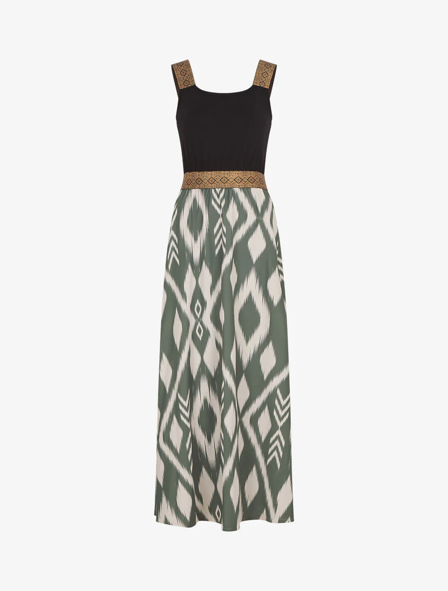Lange jurk met bandjes en abstracte print - Kakigroen