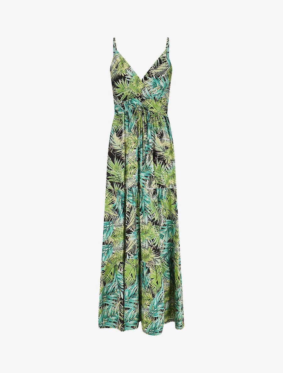 Lange jurk met bandjes en iriserende tropische print - Zwart/groen