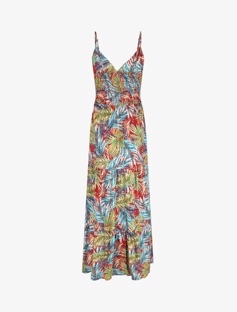 Lange jurk met bandjes en iriserende tropische print - Rood/groen - Image 2