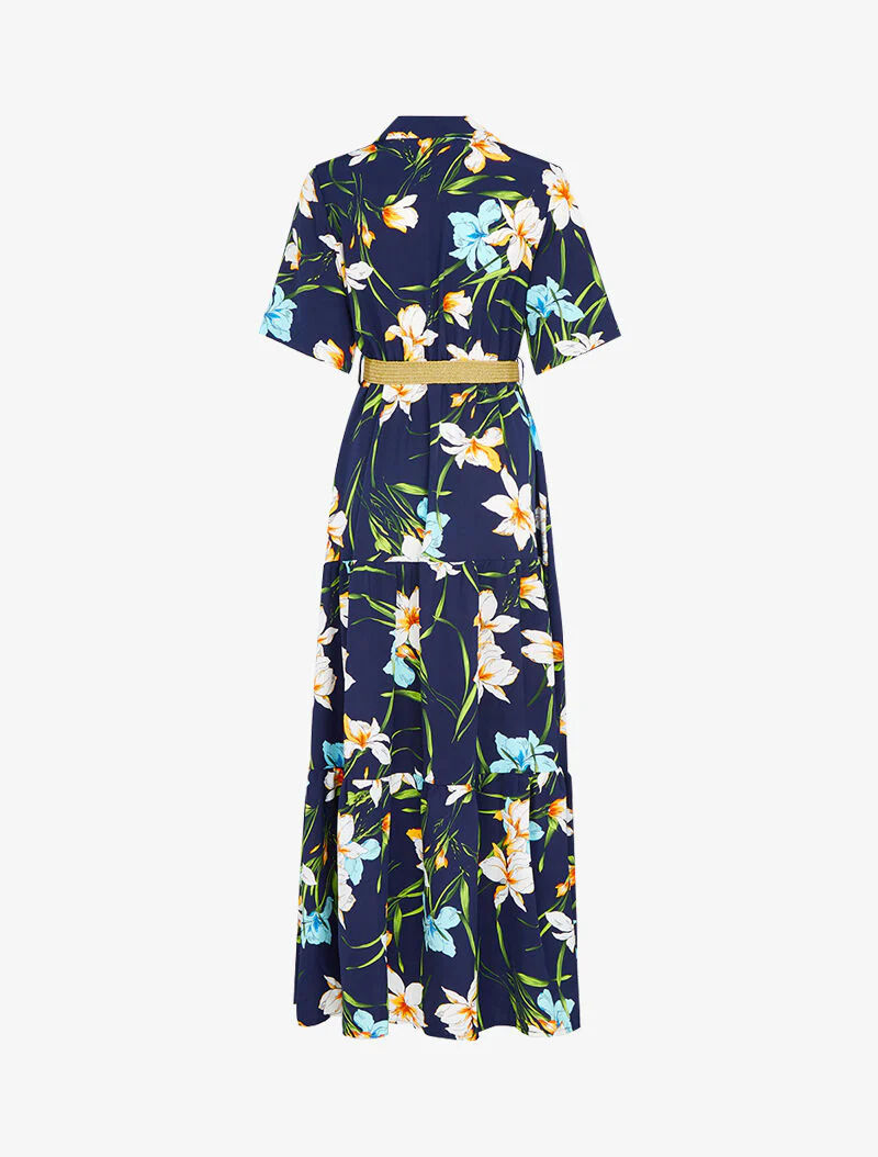Lange jurk met basque en grote bloemenprint - marineblauw - Image 2