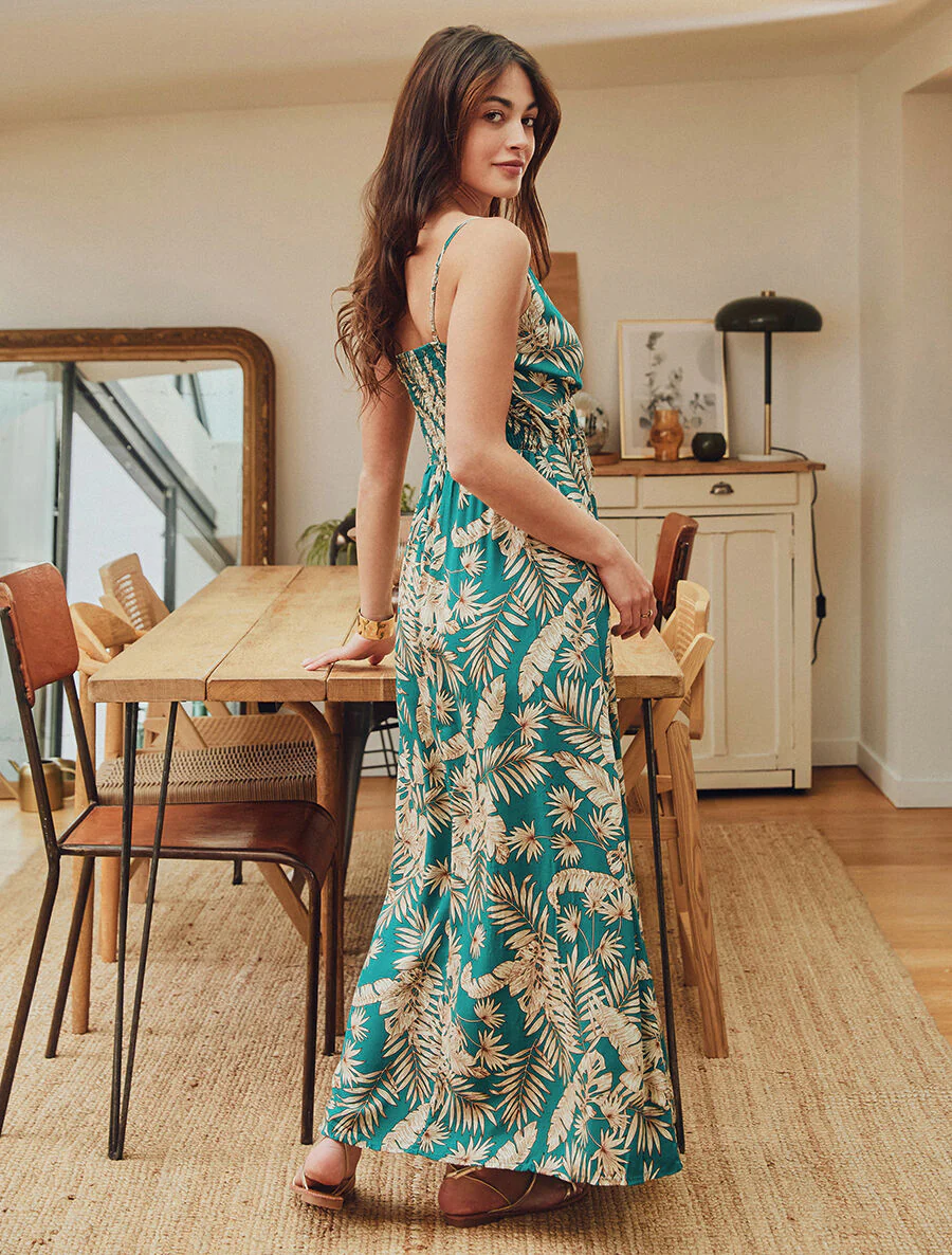 Lange jurk met bladerenprint - Blauwgroen - Image 5