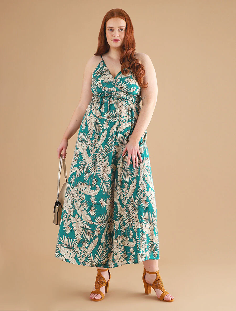 Lange jurk met bladerenprint - Blauwgroen - Image 7