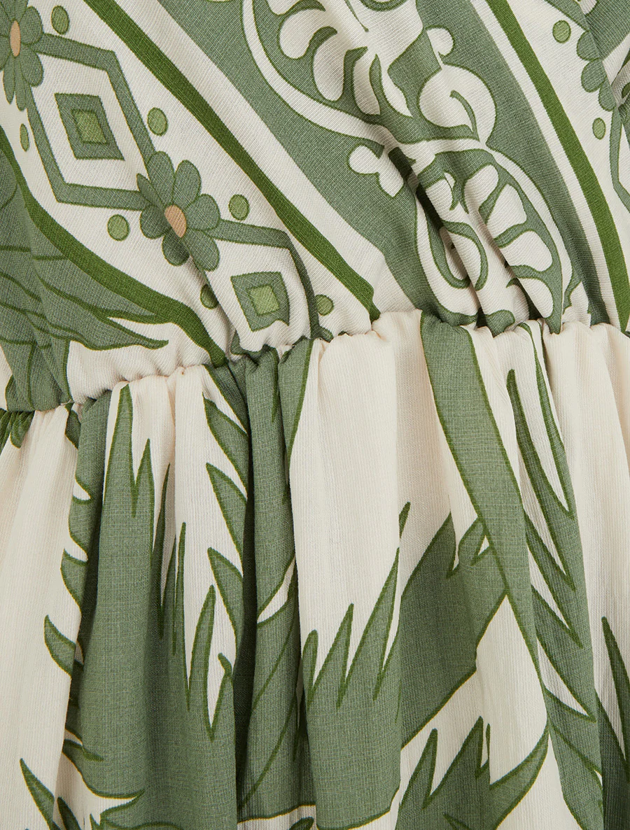 Lange jurk met bladprint en korte mouwen - Groen - Image 3
