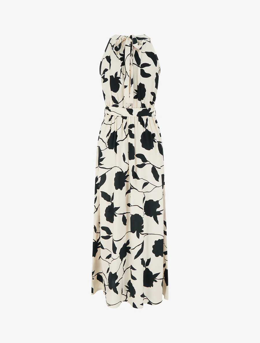 Lange jurk met bloemenprint en elastiek - Zwart - Image 2