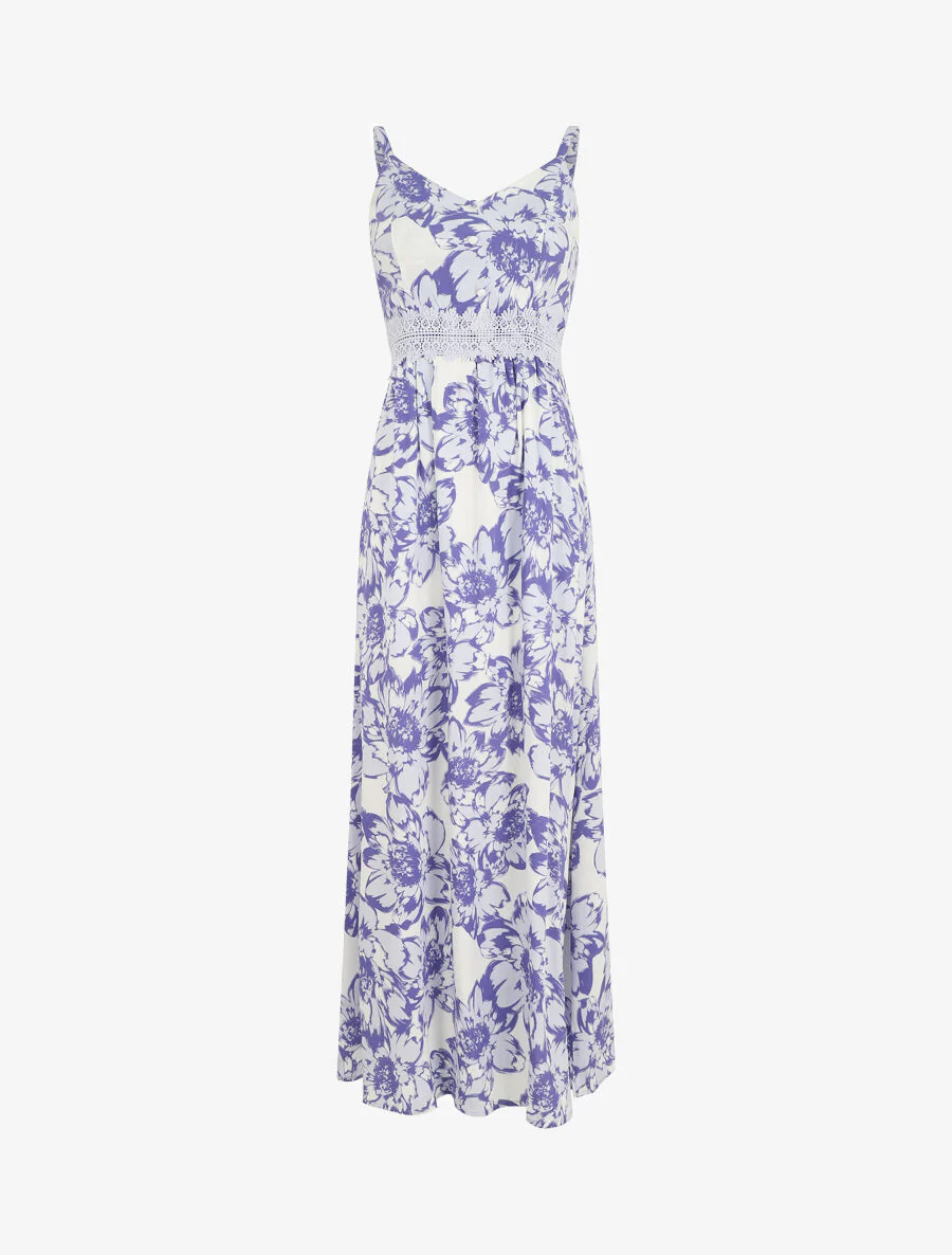 Lange jurk met bloemenprint en kant - Paars