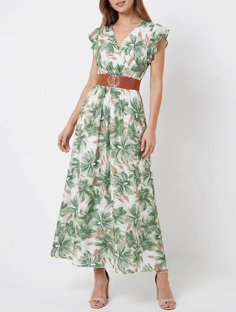 Lange jurk met bloemenprint en korte mouwen - Groen - Image 4