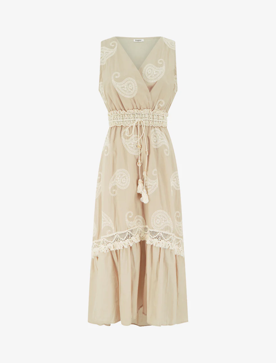 Lange jurk met borduursel in paisley-motief - Beige