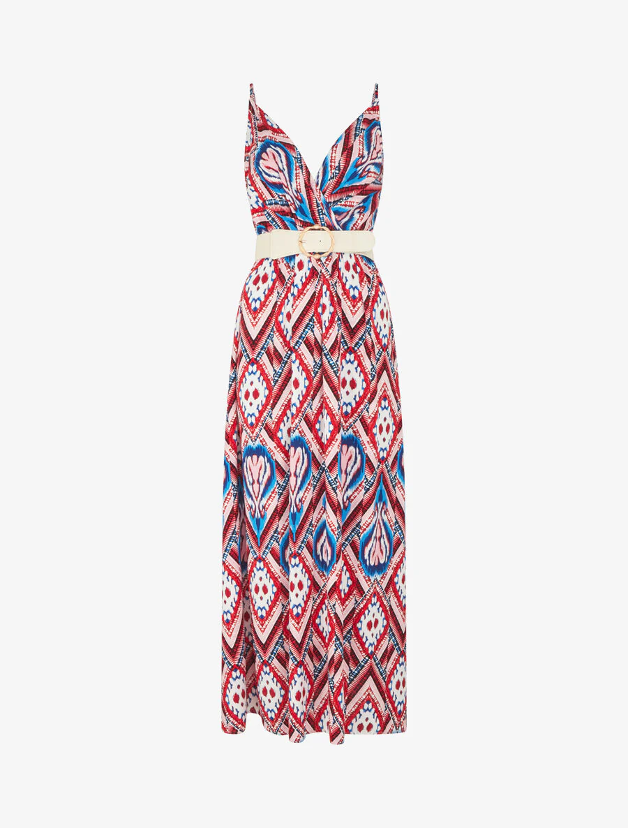 Lange jurk met dunne bandjes en grafische print - rood