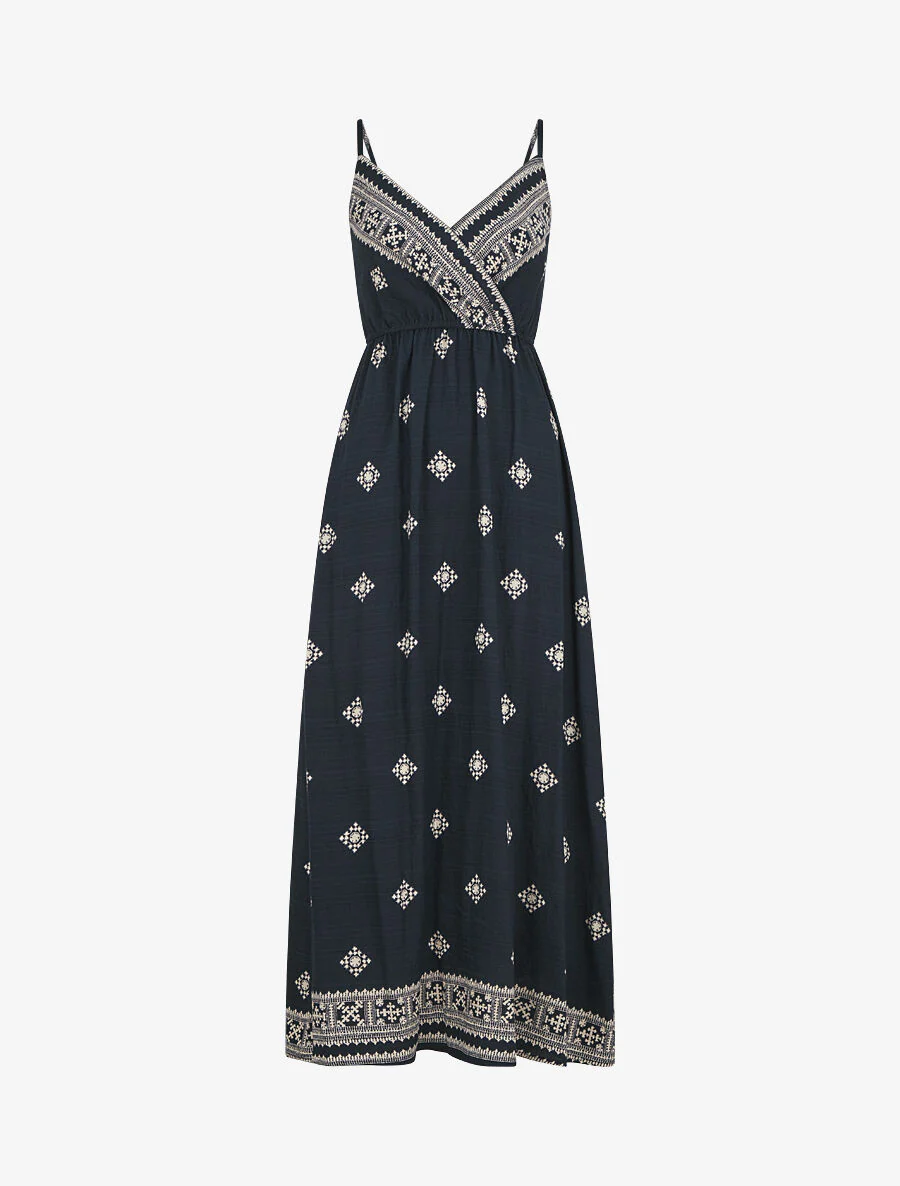 Lange jurk met fantasieprint en dunne bandjes - Marineblauw