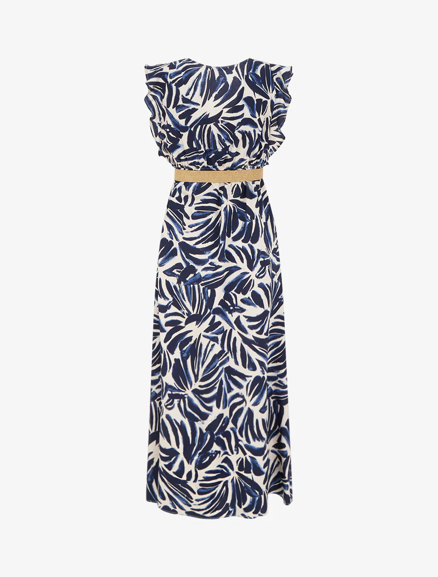 Lange jurk met fantasieprint en overslagkraag - Marine - Image 2
