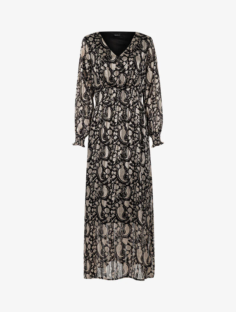Lange jurk met gemarkeerde taille in paisleyprint - zwart